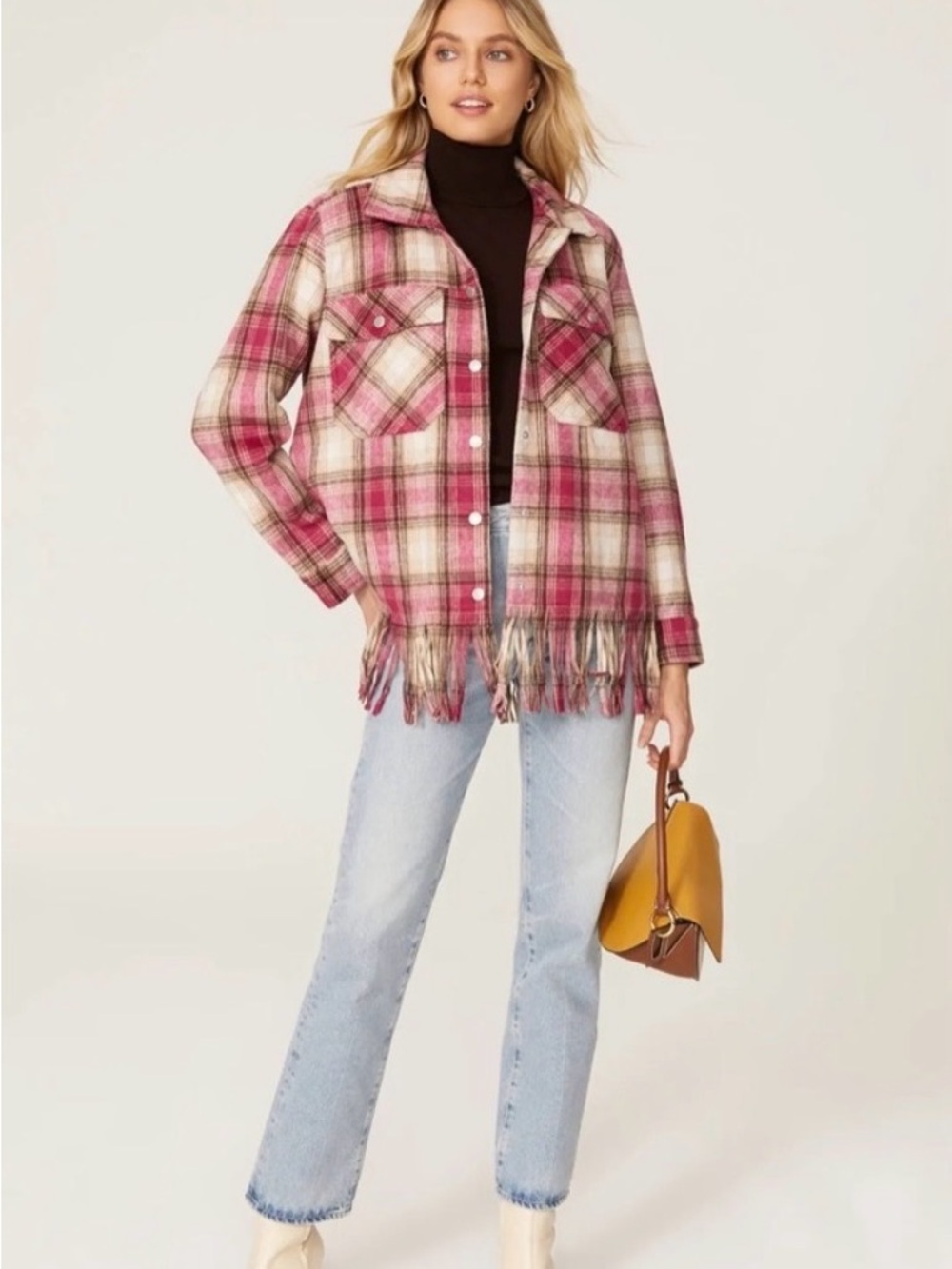 New! BLANK NYC Woodstock Pink Plaid Fringe Detail Shacket Sz Small